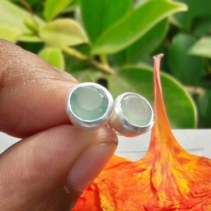 Faceted Aqua Chelcedony, Earrings Studs, Sterling..
