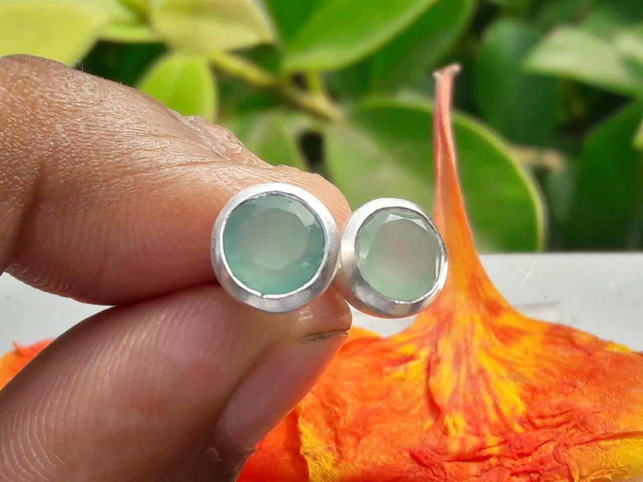 Faceted Aqua Chelcedony, Earrings Studs, Sterling Silver, Natural Gemstone, Birthstone Jewelry, Statement Jewelry, Solitaire Jewelry, Gift