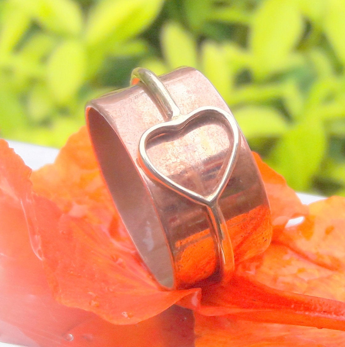 Heart Ring, Handmade Heart, Joint Heart, Heart On Band, Copper Jewelry, Women's Ring, Wide Band Ring, Copper Color Band Ring, Gift For