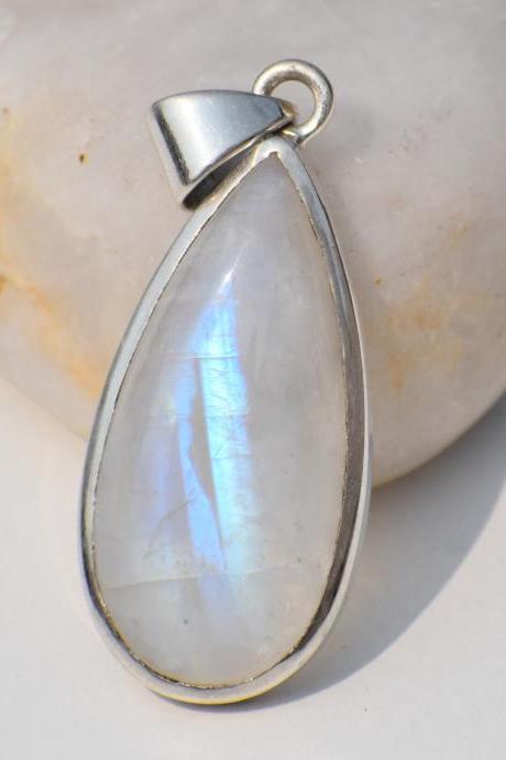 Natural Moonstone Pendant, Pear Shape Moonstone, Blue-flash Moonstone, Healing Crystal, Bohemian Jewelry, Wedding Jewelry, Pendant For Her
