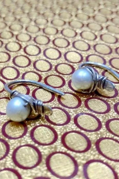 Dangled Pearl Earrings, Bridal Party Gift, Round Pearl Studs, Wire Wrapped Studs, Silver Pearl Earring, Gift-able, Gift For Everyone, Best Friend